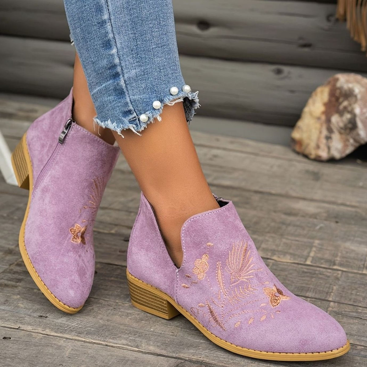 Sophia | Women's Embroidered Low-Heel Pointed-Toe Ankle Boots