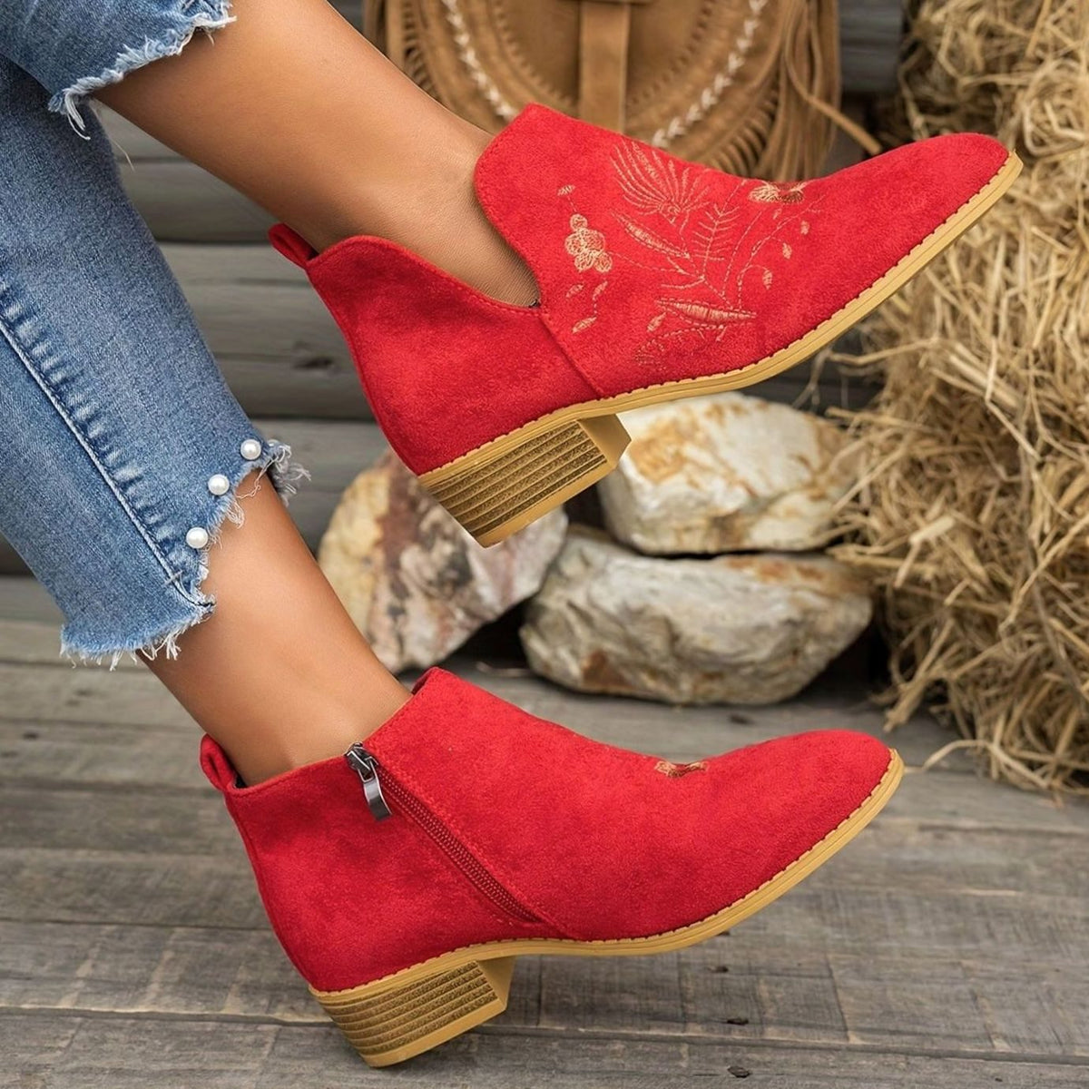 Sophia | Women's Embroidered Low-Heel Pointed-Toe Ankle Boots