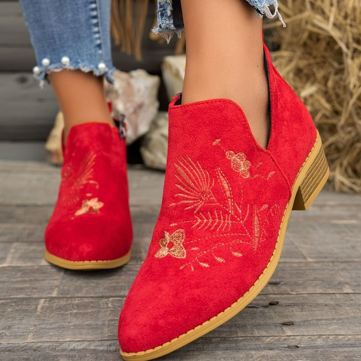 Sophia | Women's Embroidered Low-Heel Pointed-Toe Ankle Boots