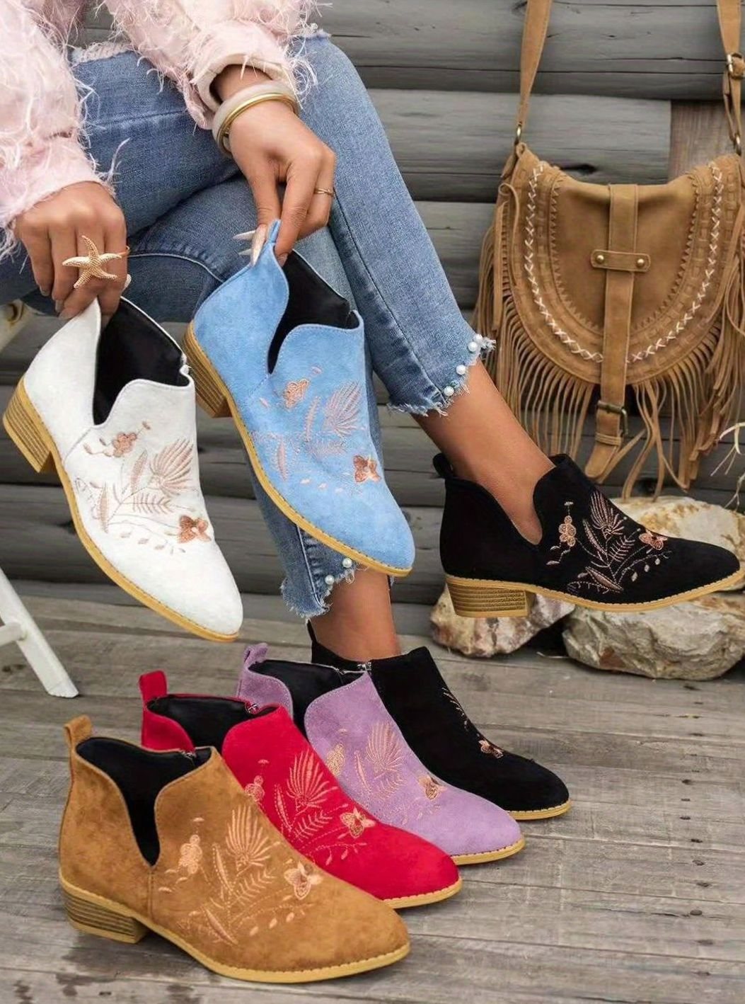 Sophia | Women's Embroidered Low-Heel Pointed-Toe Ankle Boots