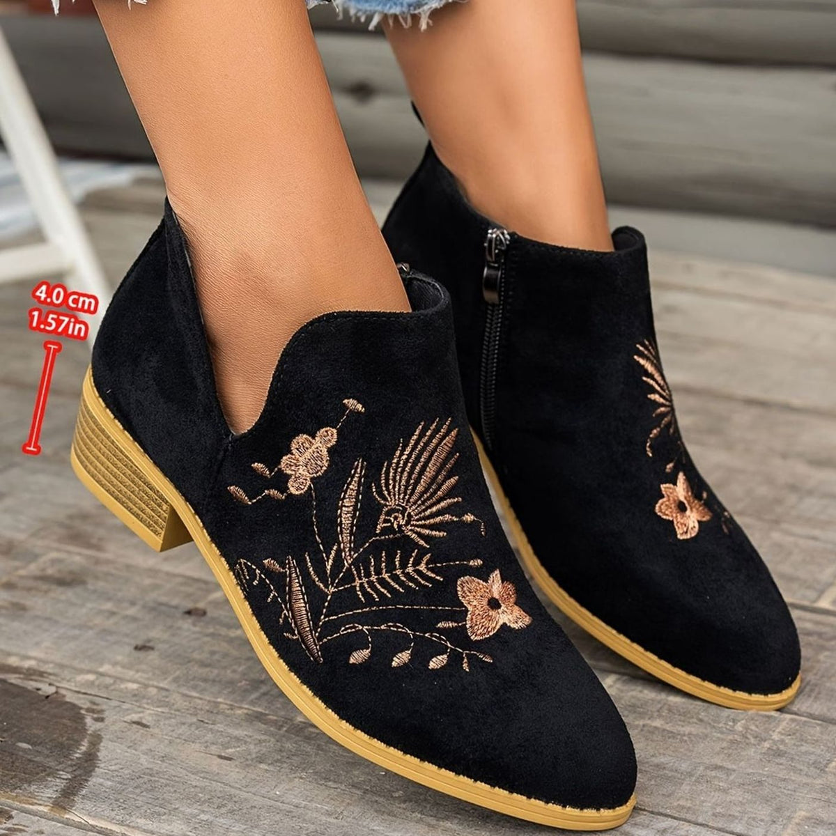 Sophia | Women's Embroidered Low-Heel Pointed-Toe Ankle Boots