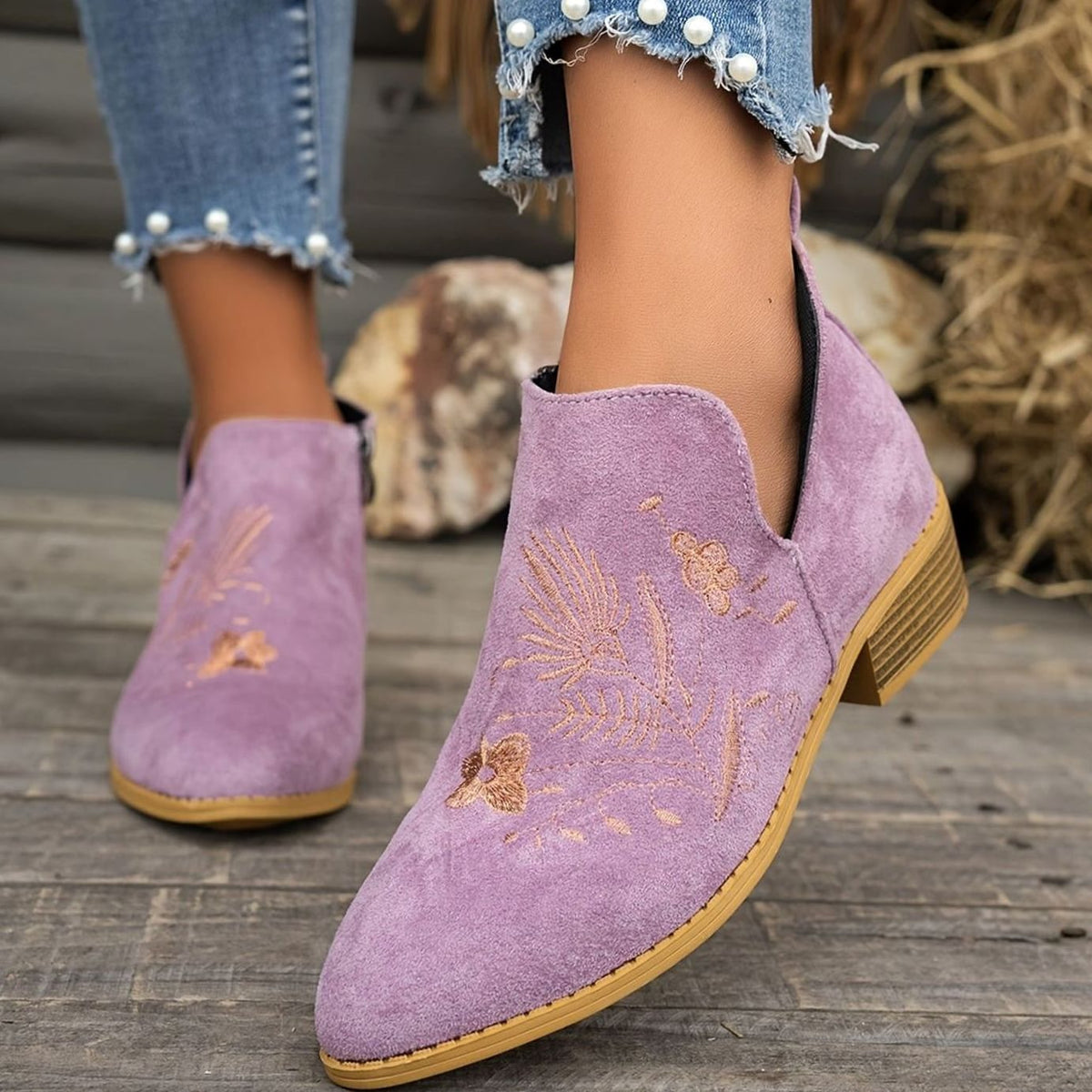 Sophia | Women's Embroidered Low-Heel Pointed-Toe Ankle Boots