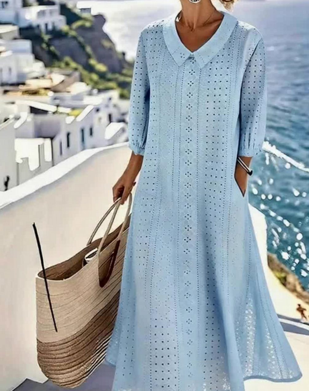 Emma | Women's Eyelet Hollow-Out V-Neck Relaxed Midi Dress