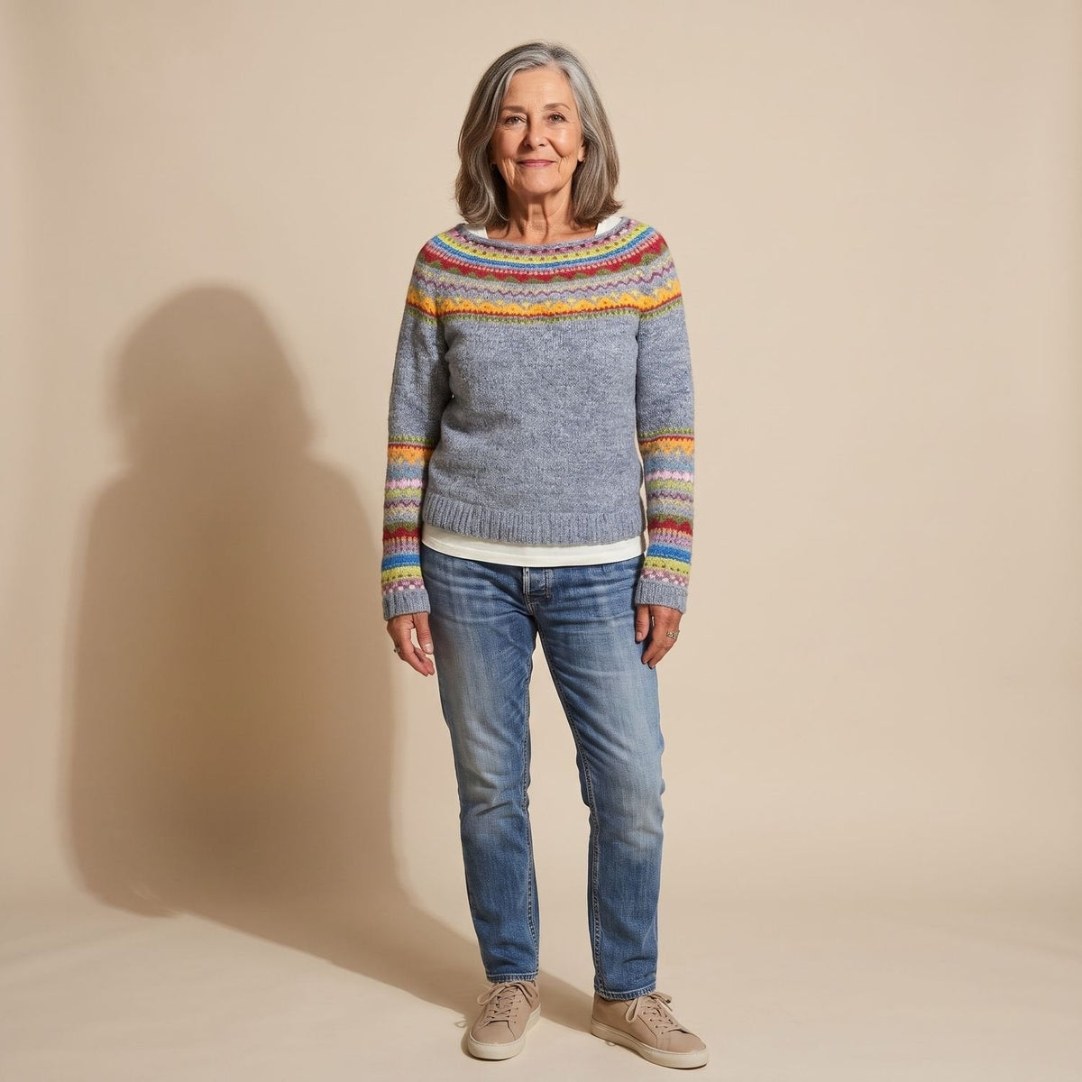 Mia | Women's Fair Isle Crewneck Knit Sweater Colorful Stripe Detail