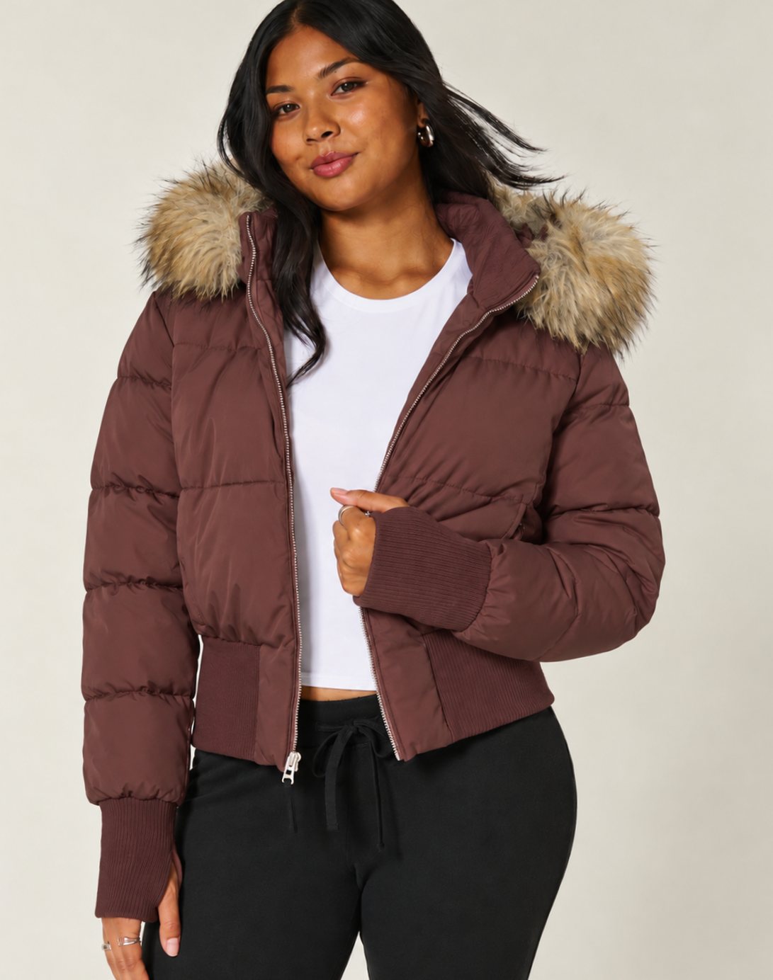 Scarlett | Women's Faux Fur Hooded Cropped Puffer Jacket