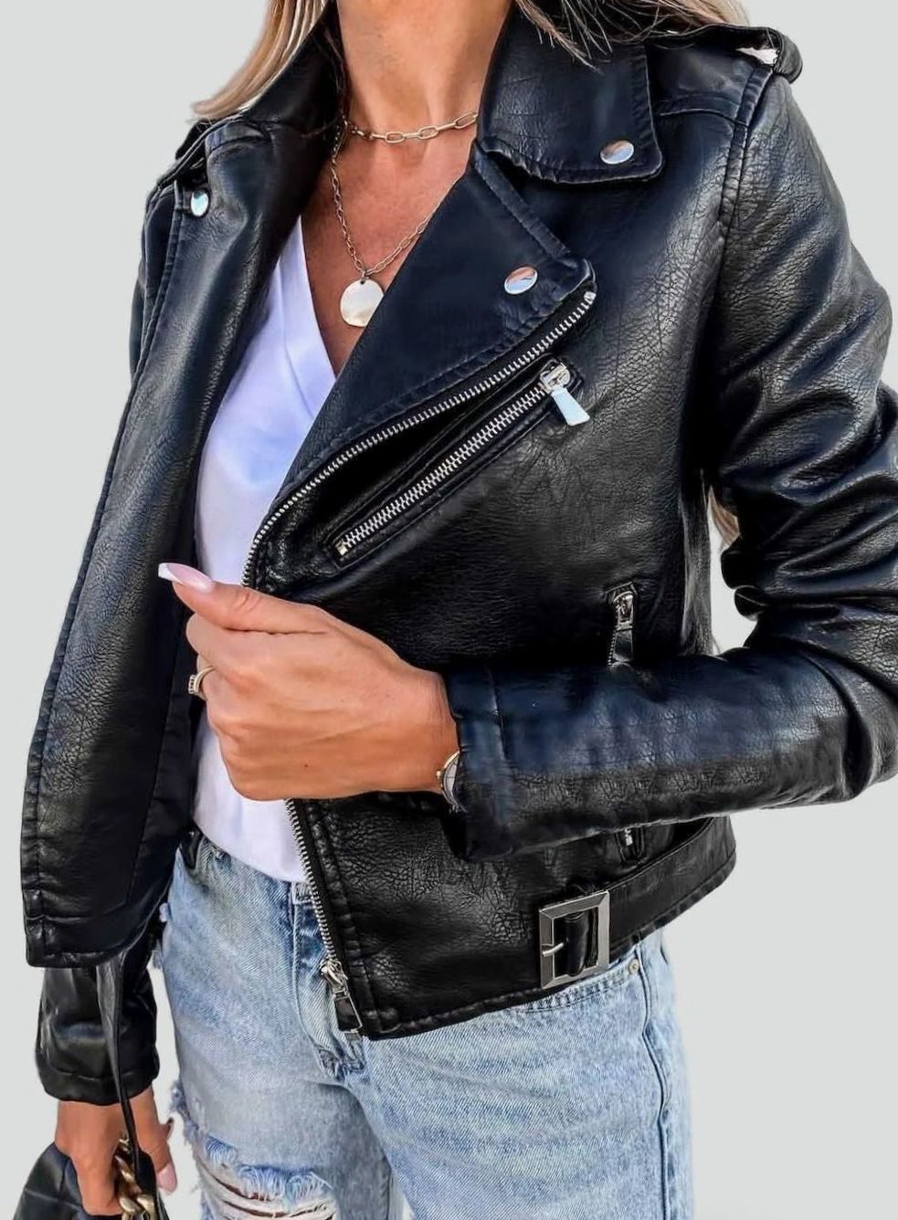 Evelyn | Women's Faux Leather Asymmetric Zip Moto Jacket