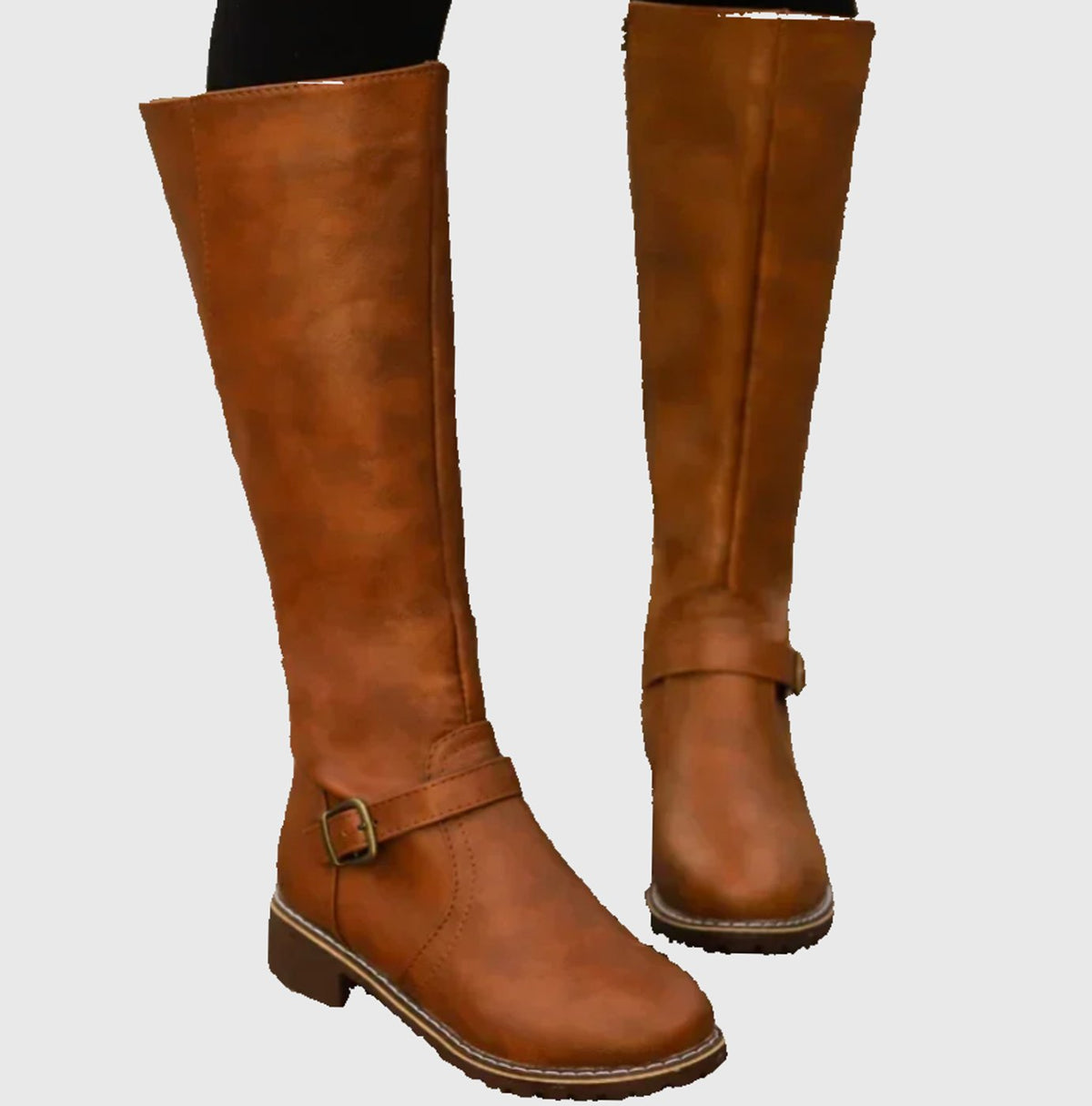 Olivia | Women's Faux Leather Knee High Boots Buckle Strap Low Heel