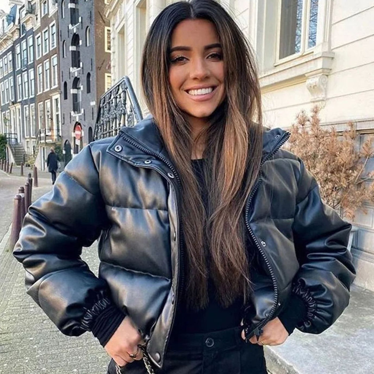 Layla | Women's Faux Leather Quilted Puffer Winter Coat Hooded Zipper