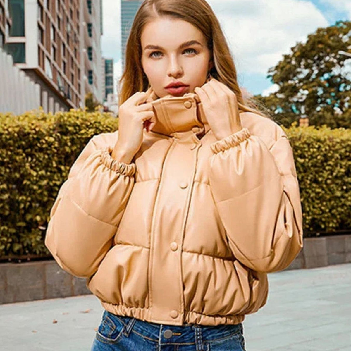 Layla | Women's Faux Leather Quilted Puffer Winter Coat Hooded Zipper