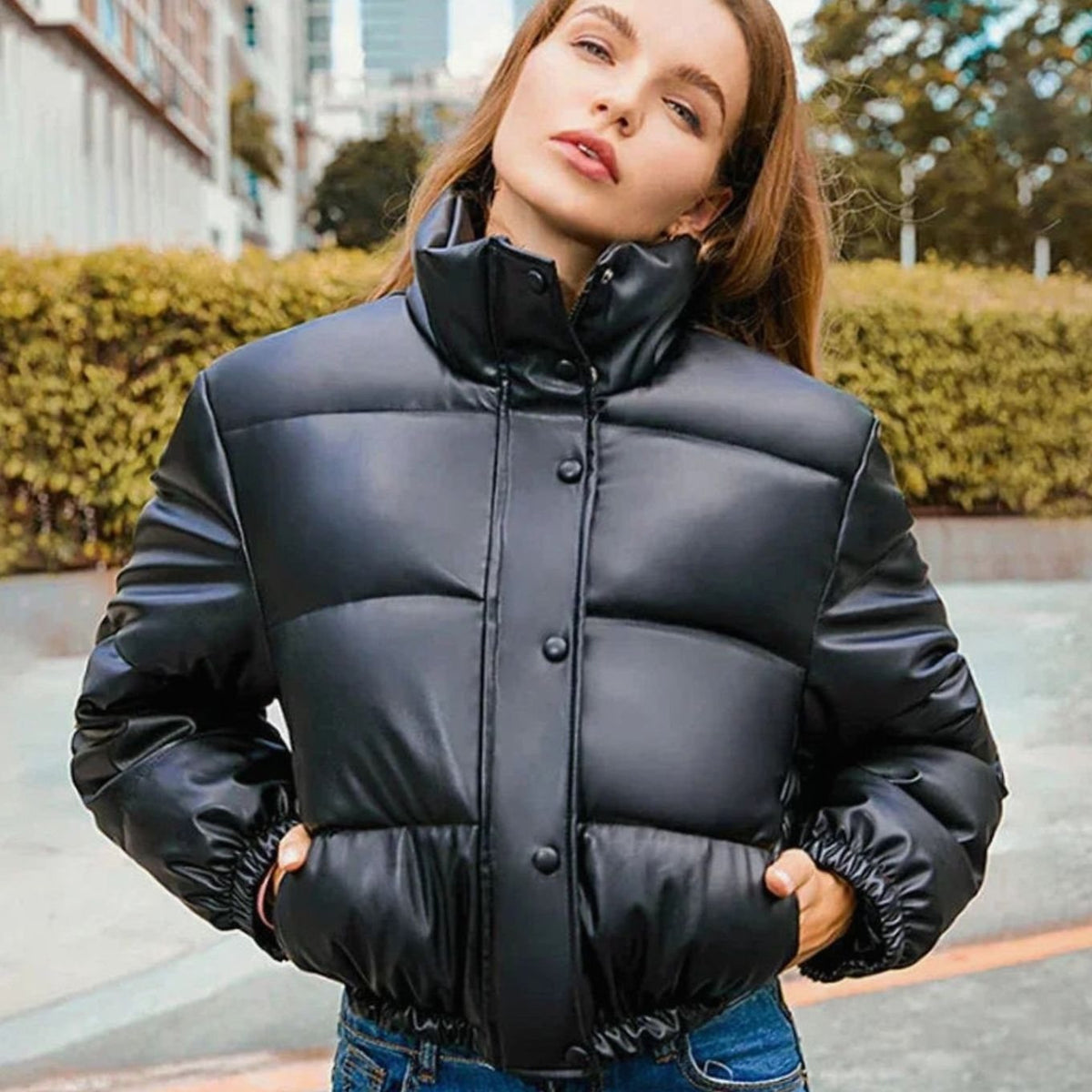 Layla | Women's Faux Leather Quilted Puffer Winter Coat Hooded Zipper
