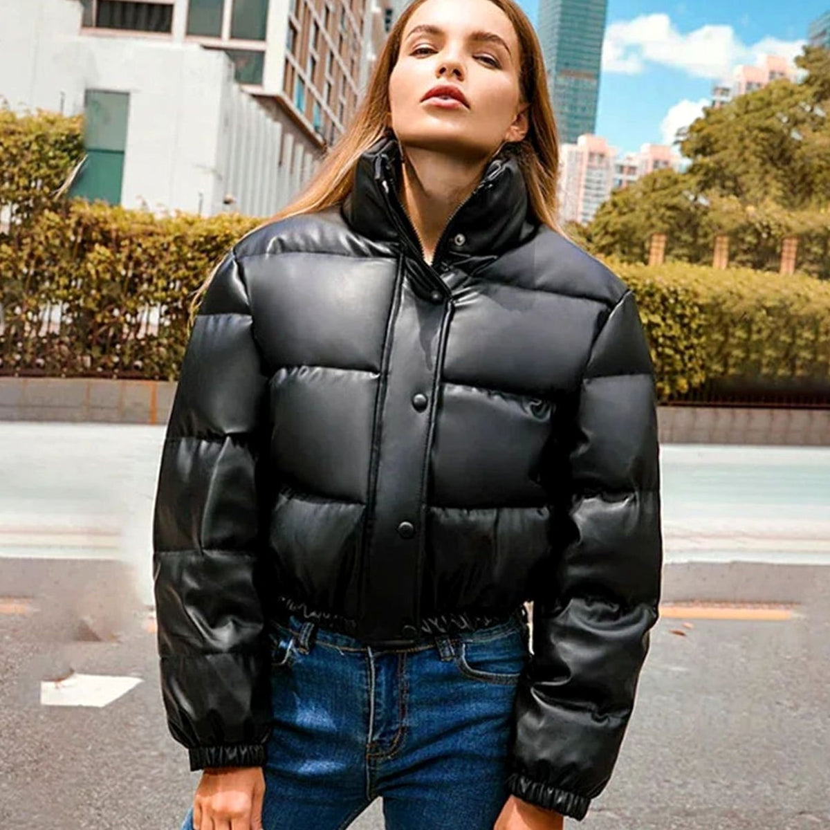 Layla | Women's Faux Leather Quilted Puffer Winter Coat Hooded Zipper