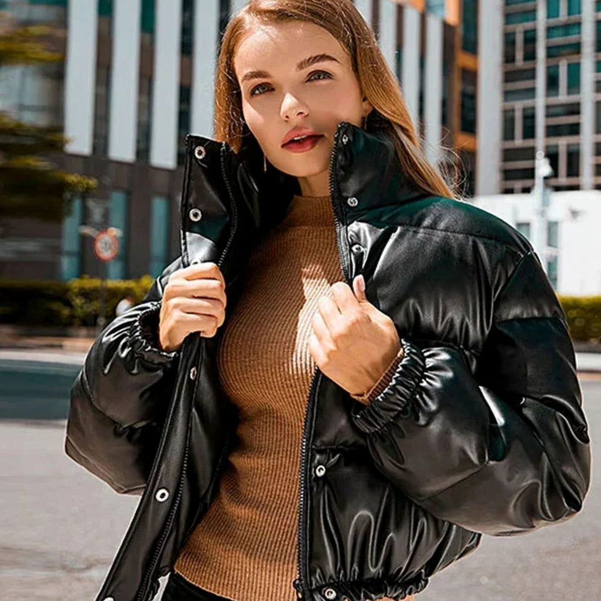 Layla | Women's Faux Leather Quilted Puffer Winter Coat Hooded Zipper