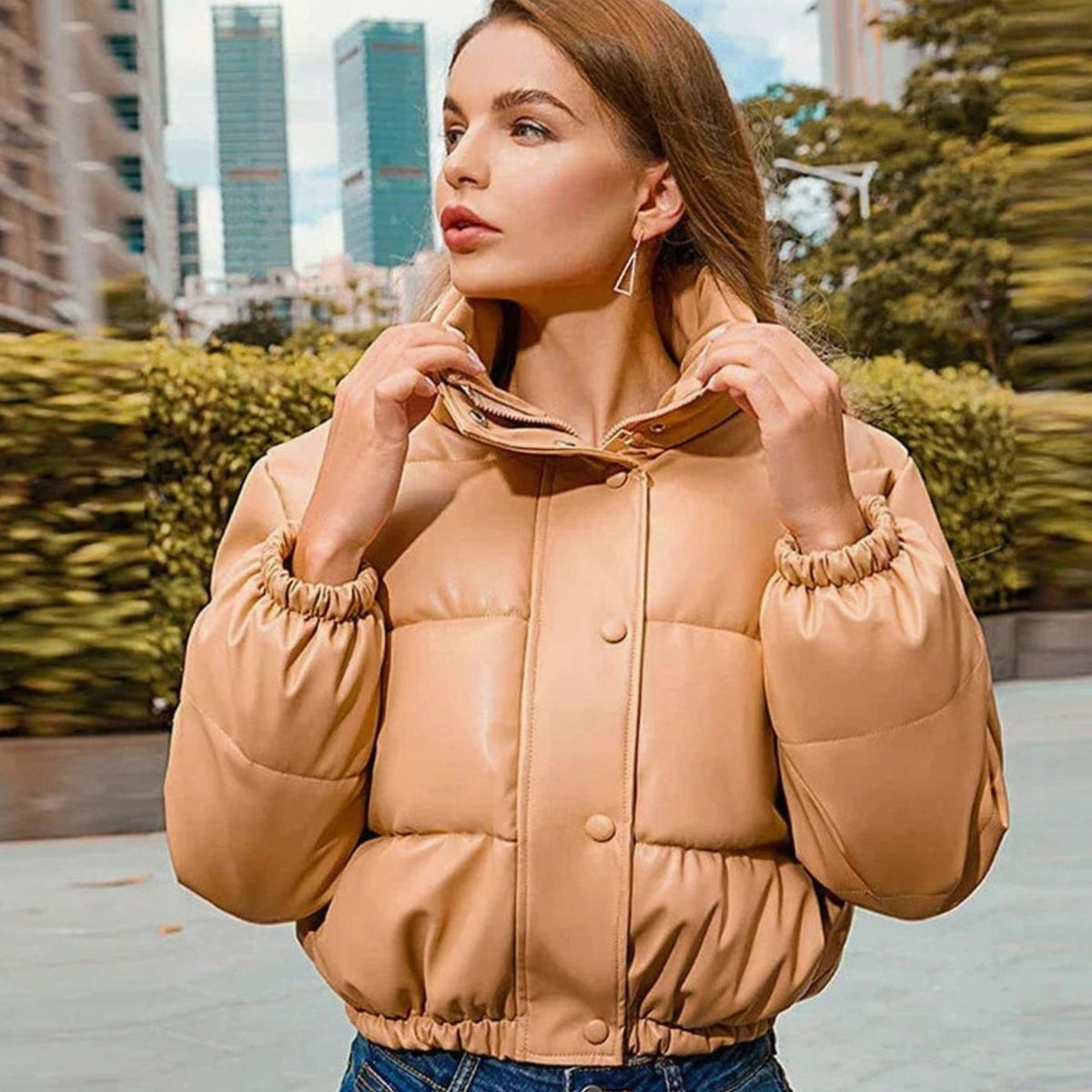 Layla | Women's Faux Leather Quilted Puffer Winter Coat Hooded Zipper