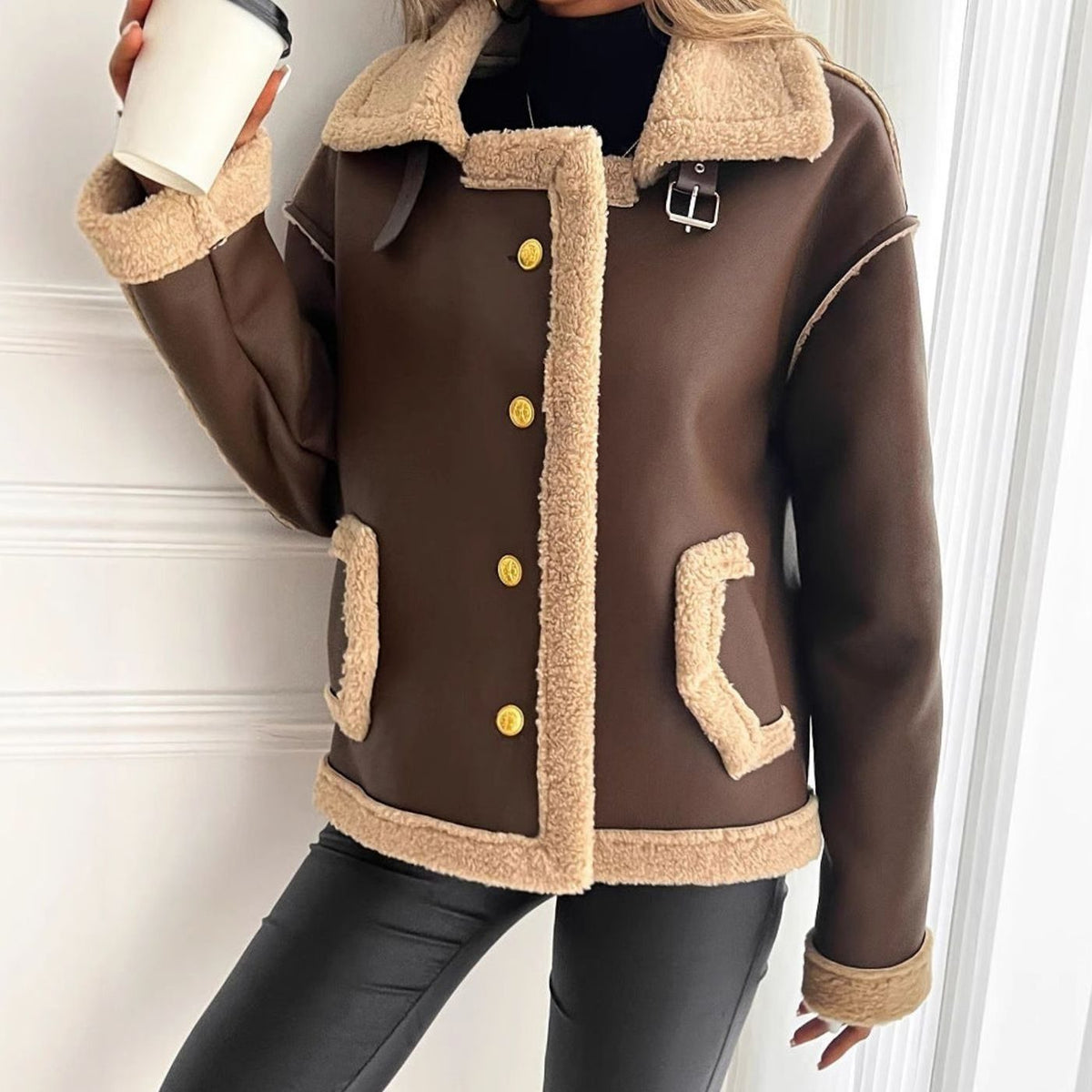 Layla | Women's Faux Leather Sherpa-Lined Button-Front Aviator Jacket