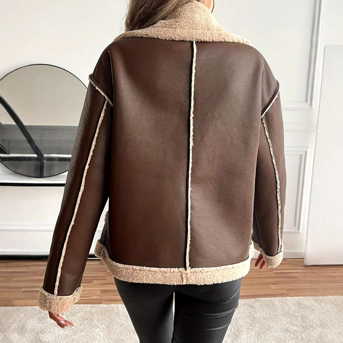 Layla | Women's Faux Leather Sherpa-Lined Button-Front Aviator Jacket