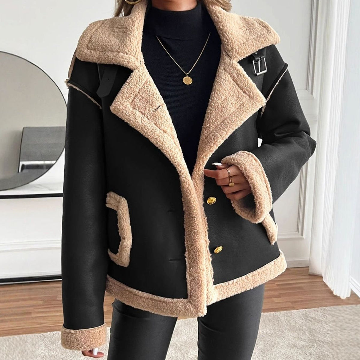 Layla | Women's Faux Leather Sherpa-Lined Button-Front Aviator Jacket