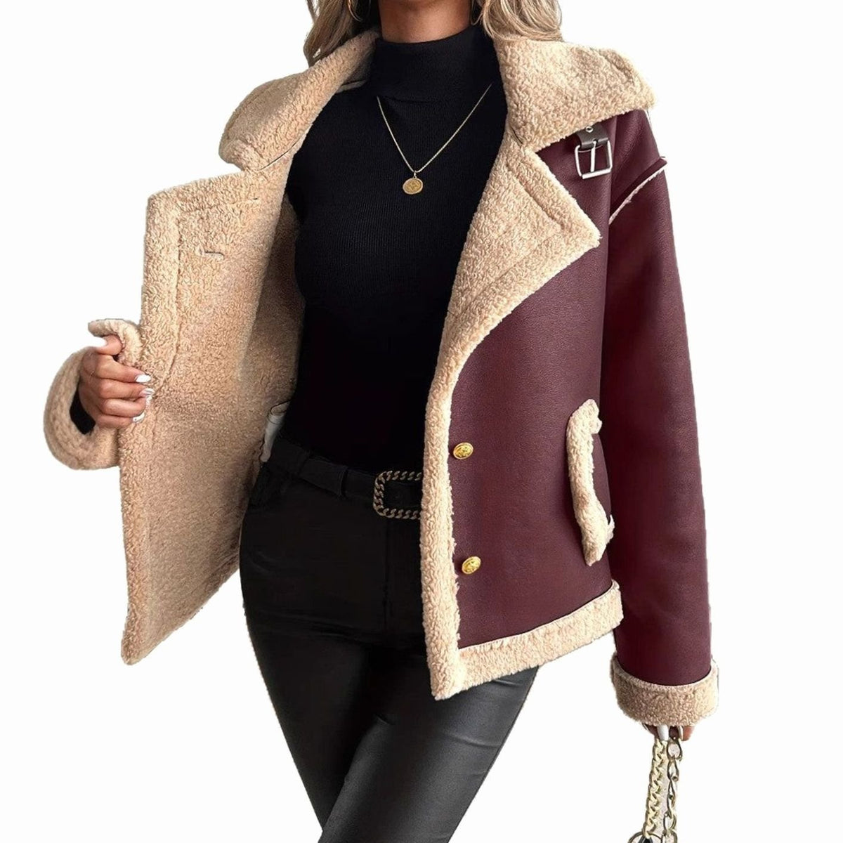 Layla | Women's Faux Leather Sherpa-Lined Button-Front Aviator Jacket