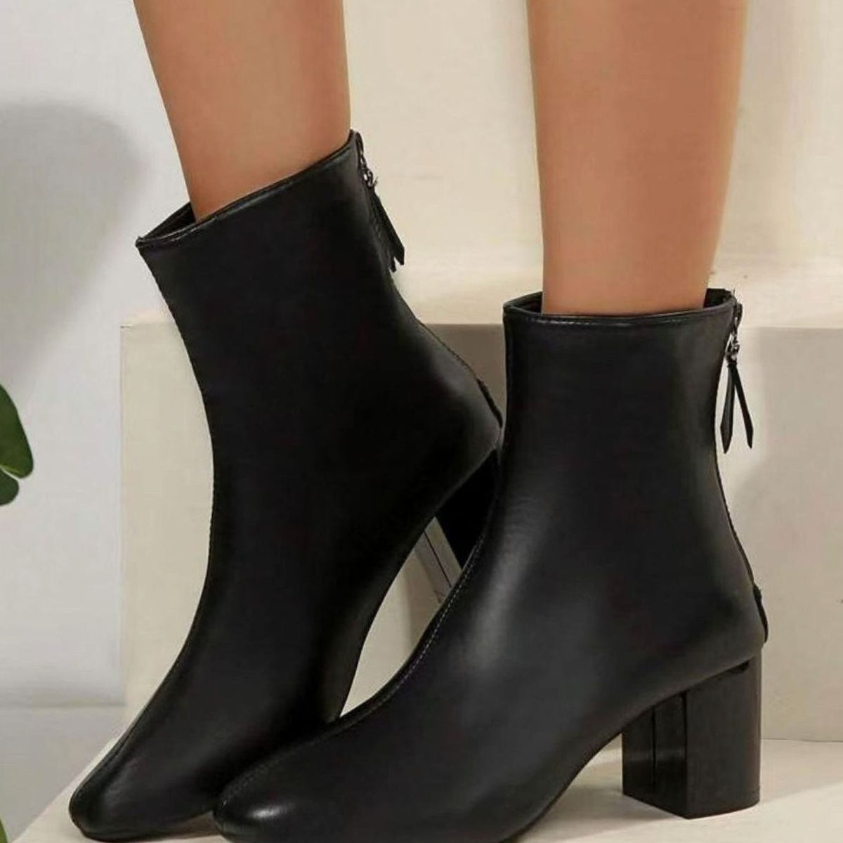 Victoria | Women's Faux Leather Square-Toe Block Heel Ankle Boots