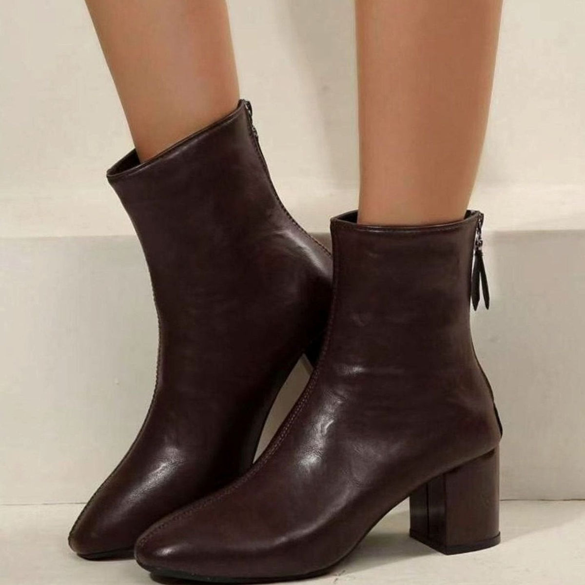 Victoria | Women's Faux Leather Square-Toe Block Heel Ankle Boots