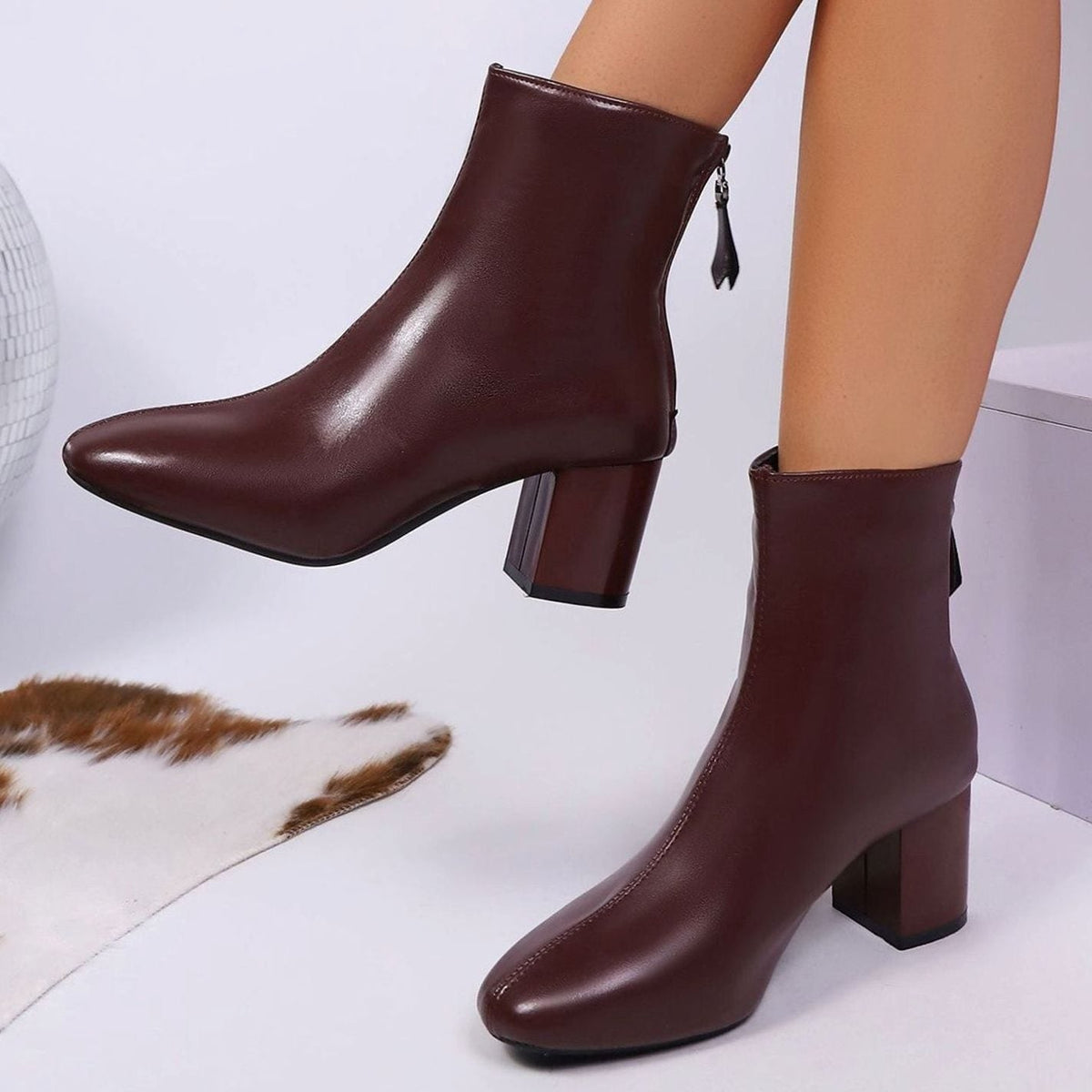 Victoria | Women's Faux Leather Square-Toe Block Heel Ankle Boots