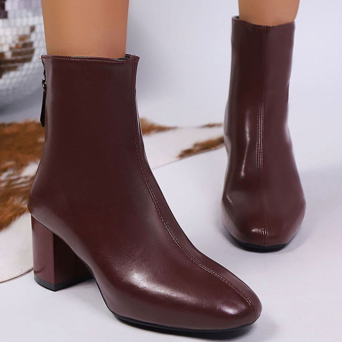 Victoria | Women's Faux Leather Square-Toe Block Heel Ankle Boots