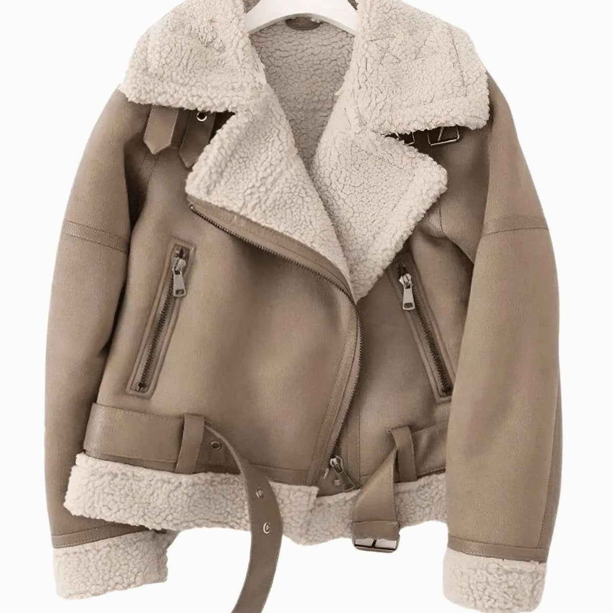 Amelia | Women's Faux Shearling Aviator Jacket Belted Asymmetric-Zip