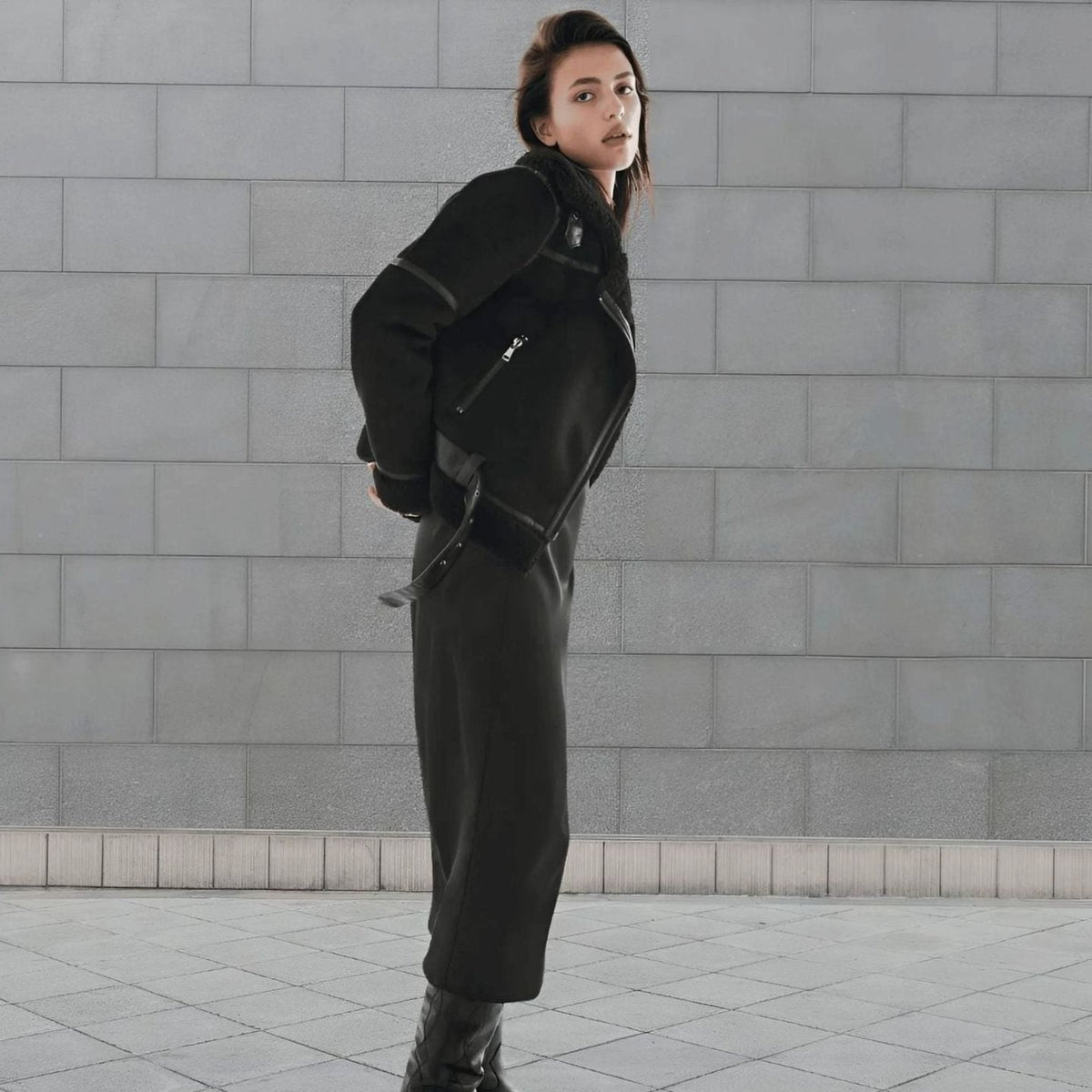 Amelia | Women's Faux Shearling Aviator Jacket Belted Asymmetric-Zip