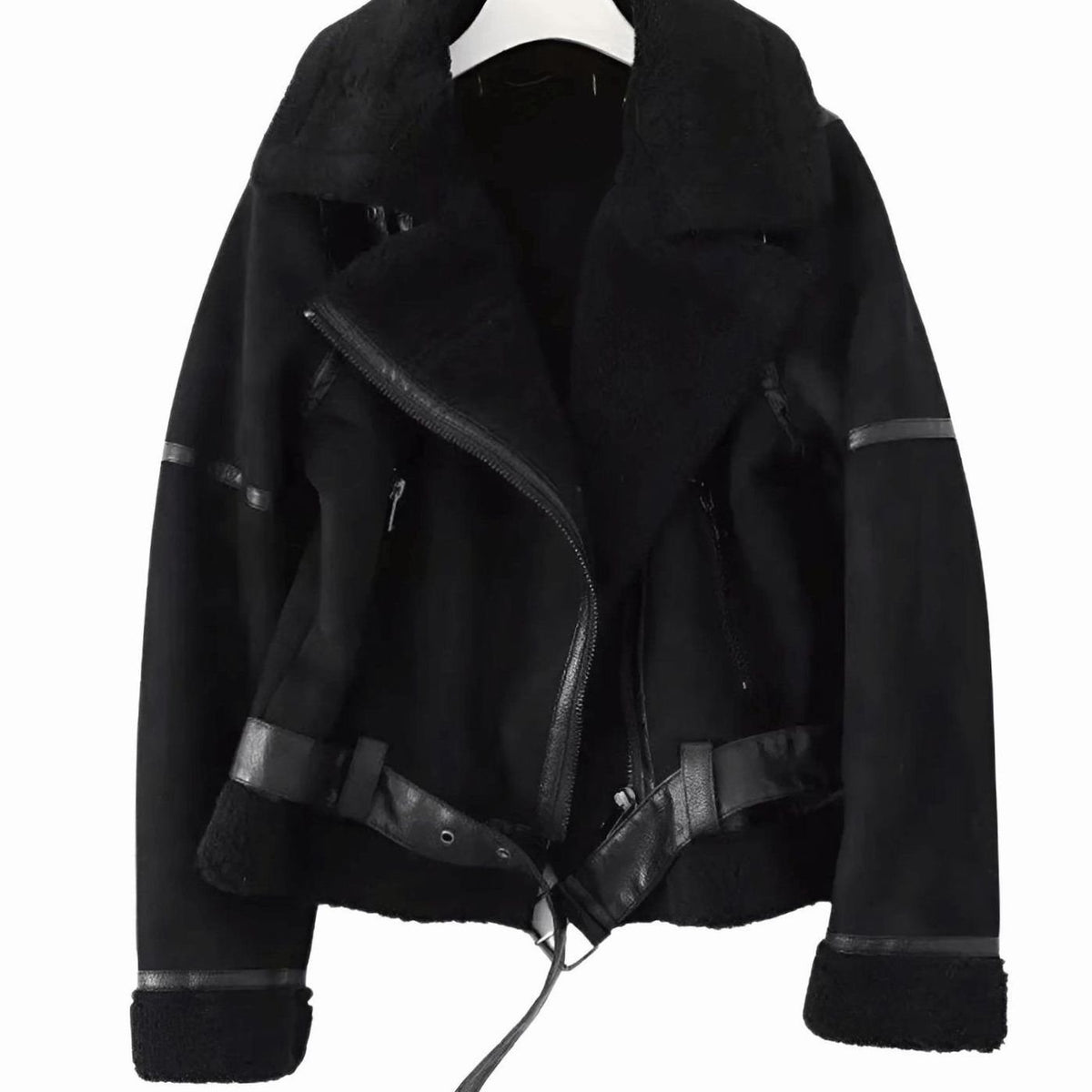 Amelia | Women's Faux Shearling Aviator Jacket Belted Asymmetric-Zip