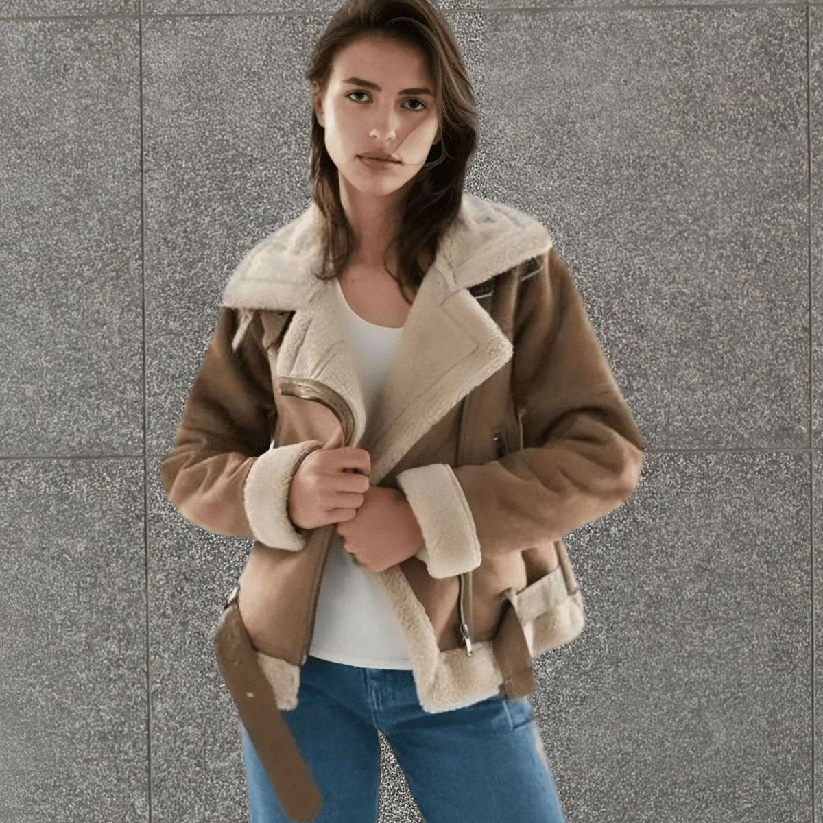 Amelia | Women's Faux Shearling Aviator Jacket Belted Asymmetric-Zip
