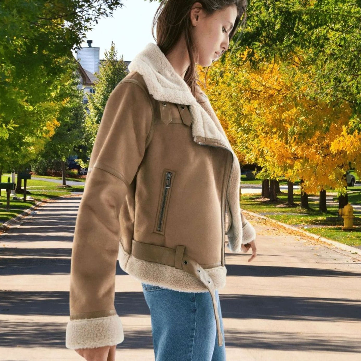 Amelia | Women's Faux Shearling Aviator Jacket Belted Asymmetric-Zip
