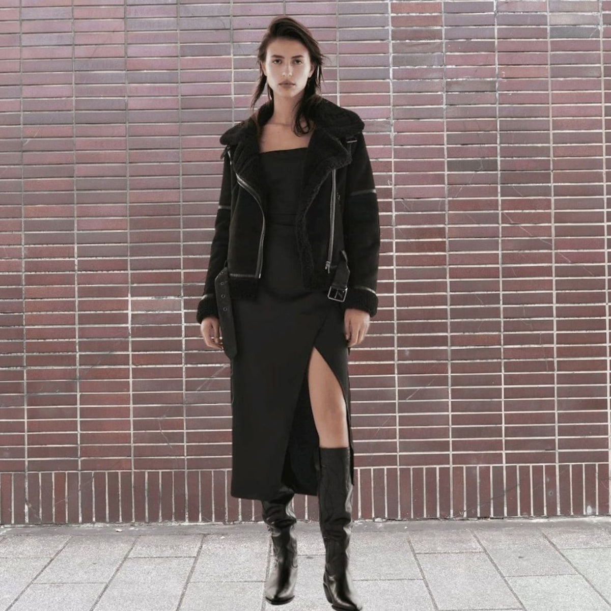 Amelia | Women's Faux Shearling Aviator Jacket Belted Asymmetric-Zip