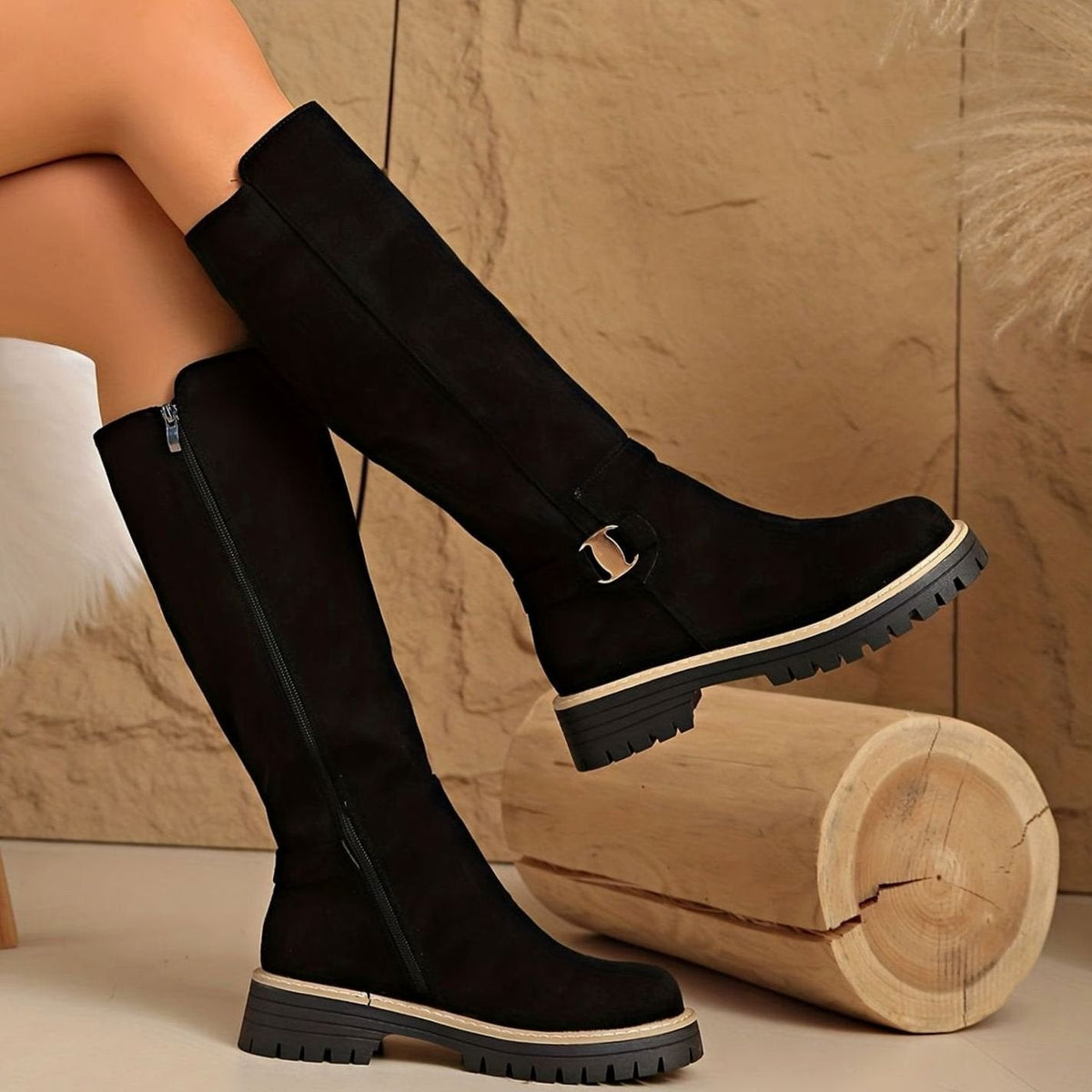 Aria | Women's Faux-Suede Block Heel Knee High Boots Zipper