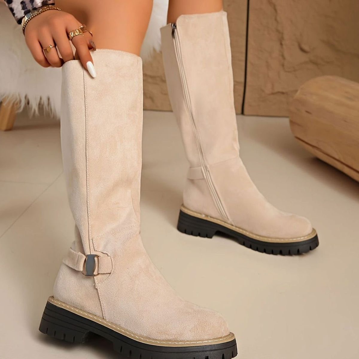 Aria | Women's Faux-Suede Block Heel Knee High Boots Zipper