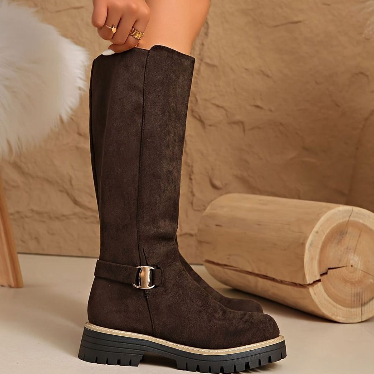 Aria | Women's Faux-Suede Block Heel Knee High Boots Zipper