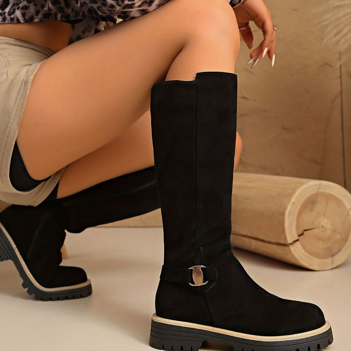 Aria | Women's Faux-Suede Block Heel Knee High Boots Zipper