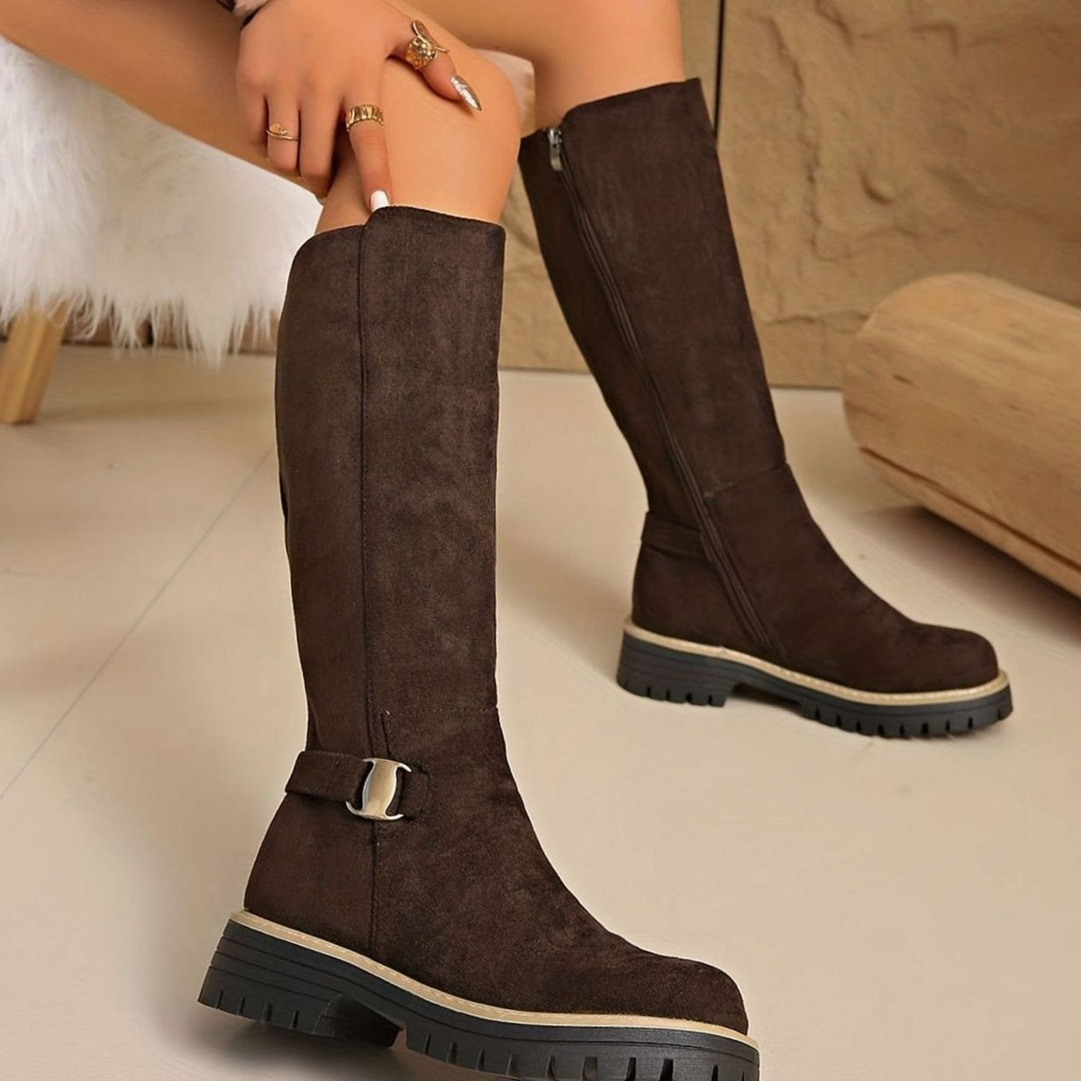 Aria | Women's Faux-Suede Block Heel Knee High Boots Zipper