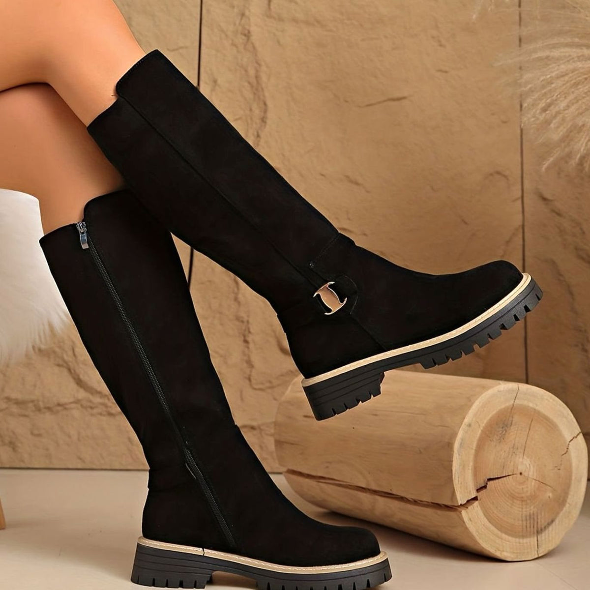 Aria | Women's Faux-Suede Block Heel Knee High Boots Zipper