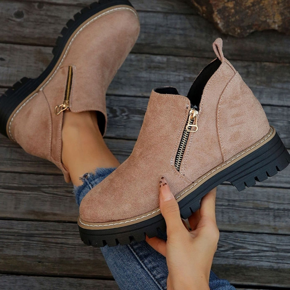 Penelope | Women's Faux Suede Platform Ankle Boots Side Zipper