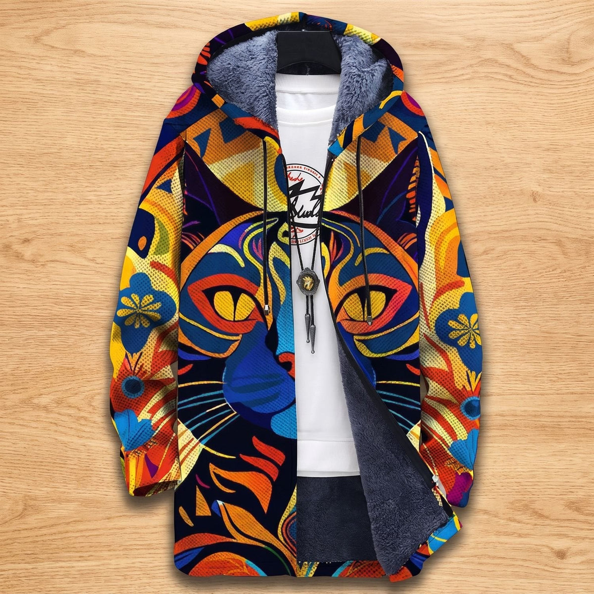Evelyn | Women's Fleece-Lined Hooded Colorful Cat Print Zip Jacket