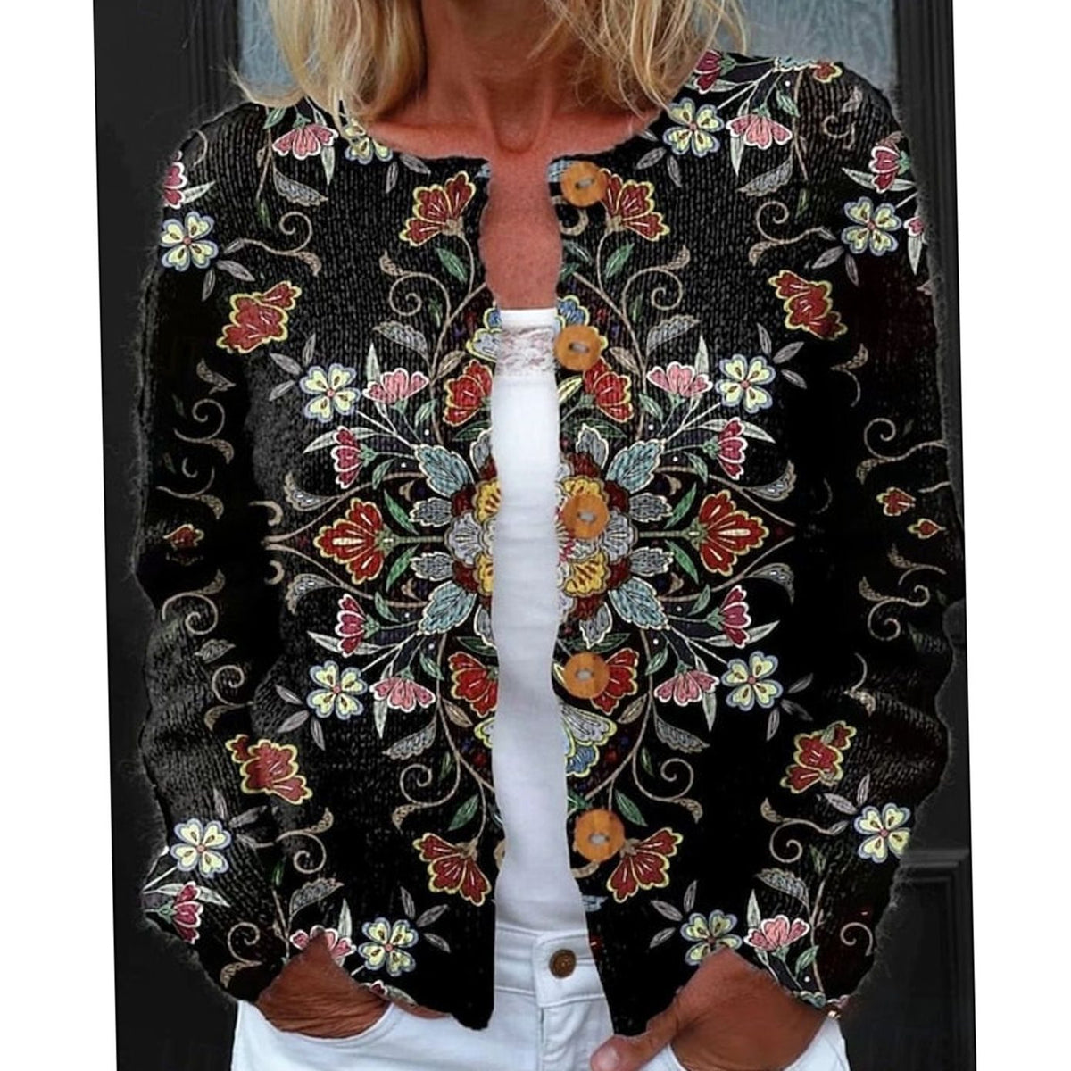 Sophia | Women's Floral Button-Front Long Sleeve Knit Cardigan