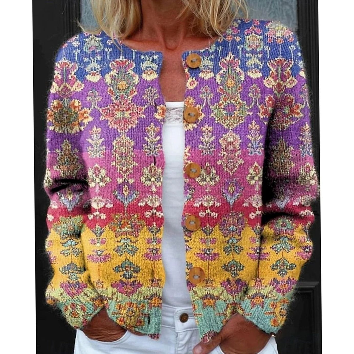 Sophia | Women's Floral Button-Front Long Sleeve Knit Cardigan