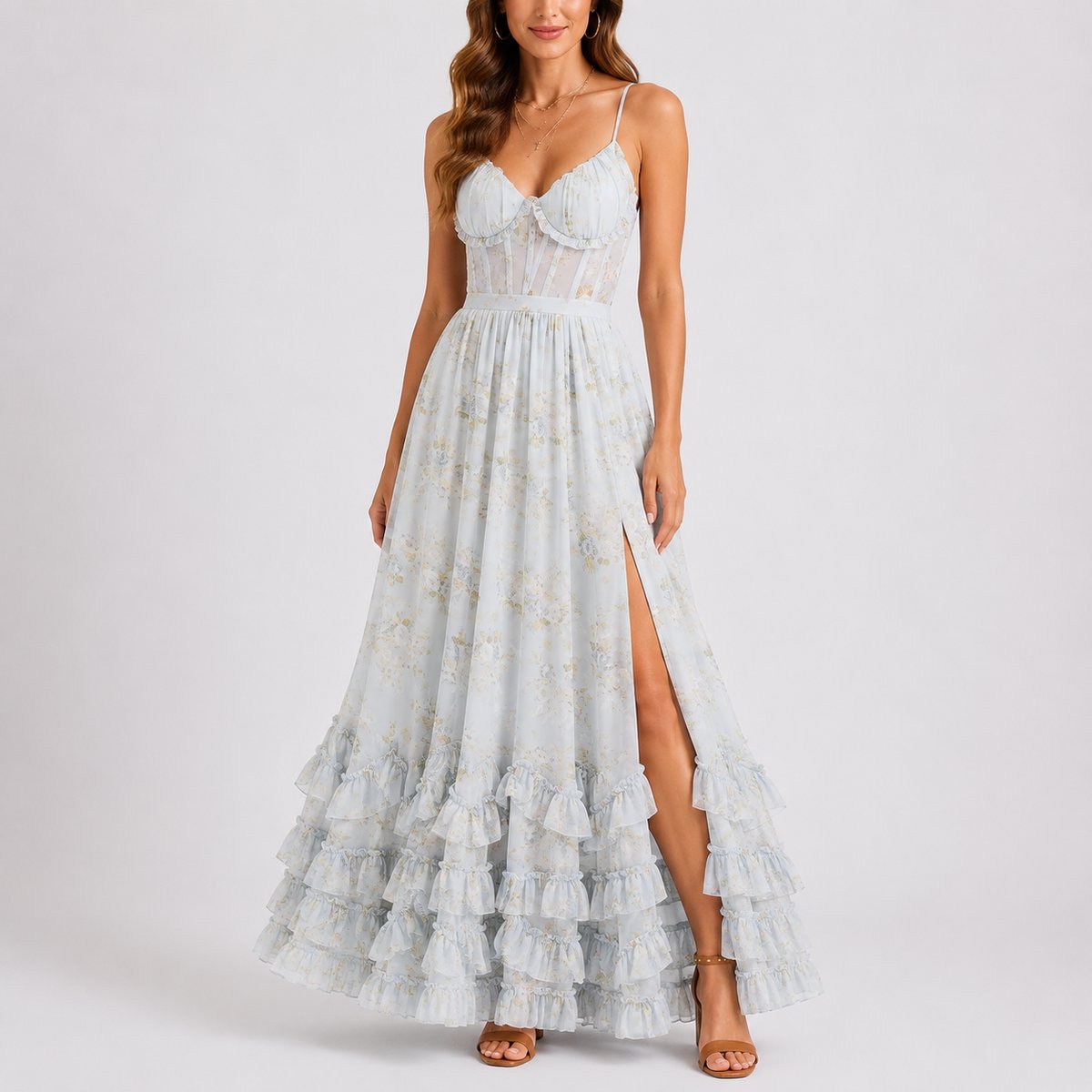 Camila | Women's Floral Corset Maxi Fall Wedding Guest Dress Ruffled Spaghetti Strap