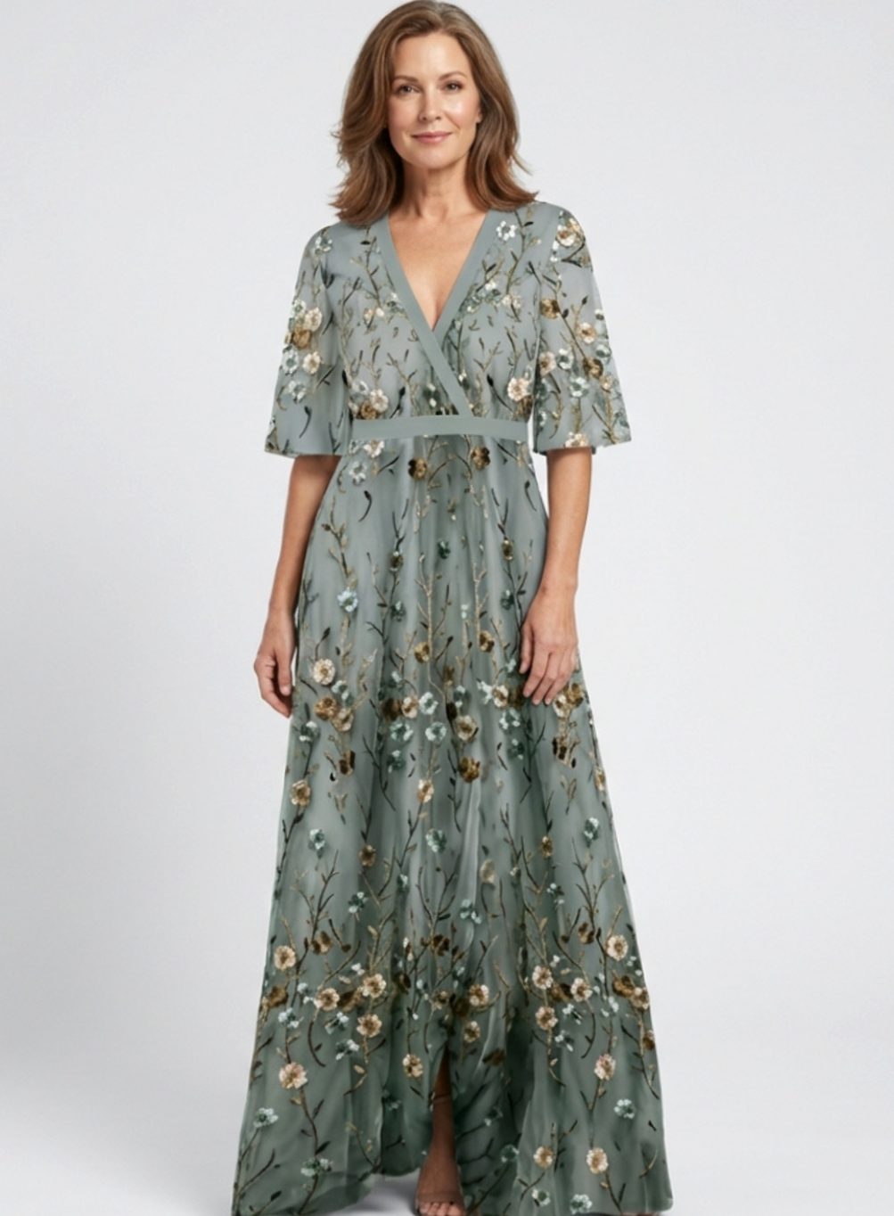 Grace | Women's Floral Embroidered Short Sleeve Maxi Dress V-Neck