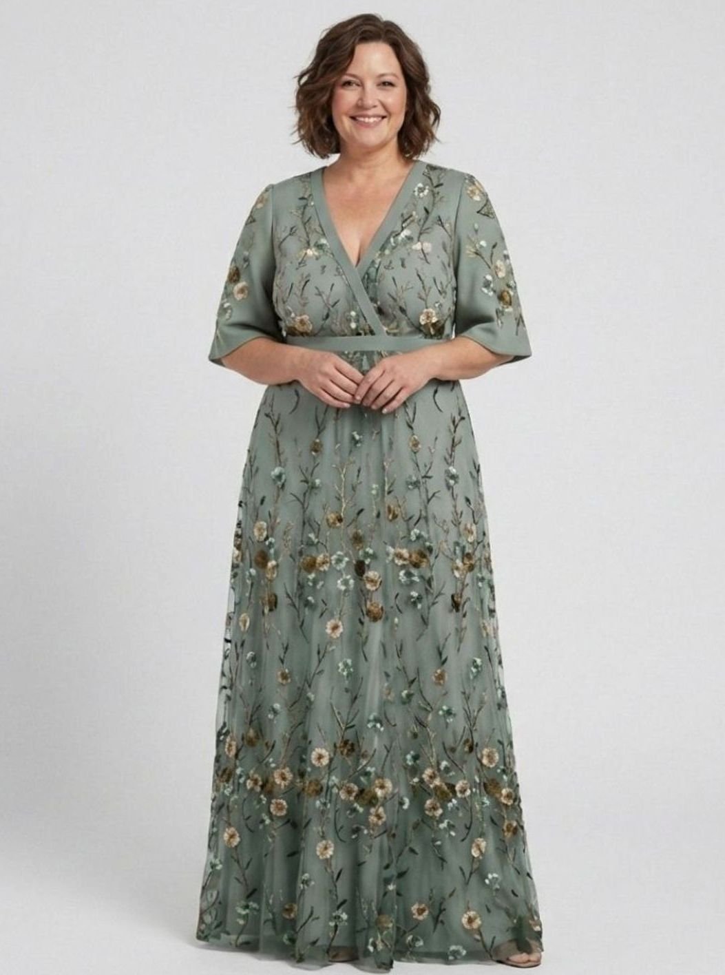 Grace | Women's Floral Embroidered Short Sleeve Maxi Dress V-Neck