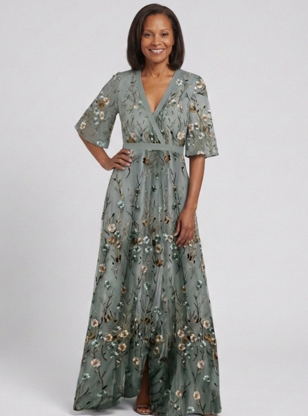 Grace | Women's Floral Embroidered Short Sleeve Maxi Dress V-Neck