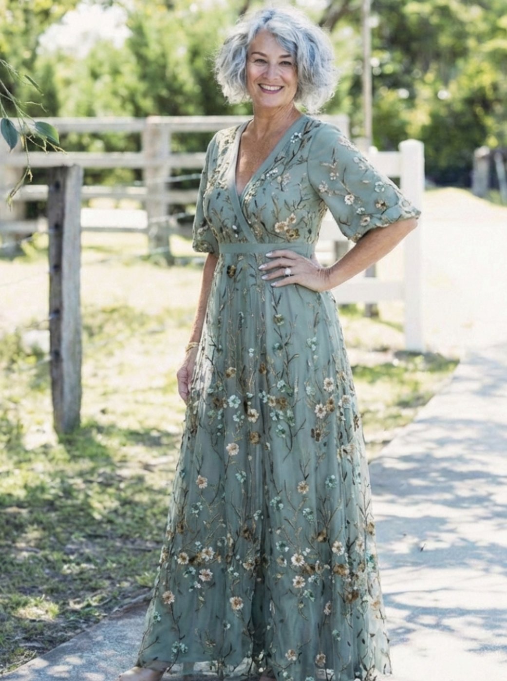 Grace | Women's Floral Embroidered Short Sleeve Maxi Dress V-Neck