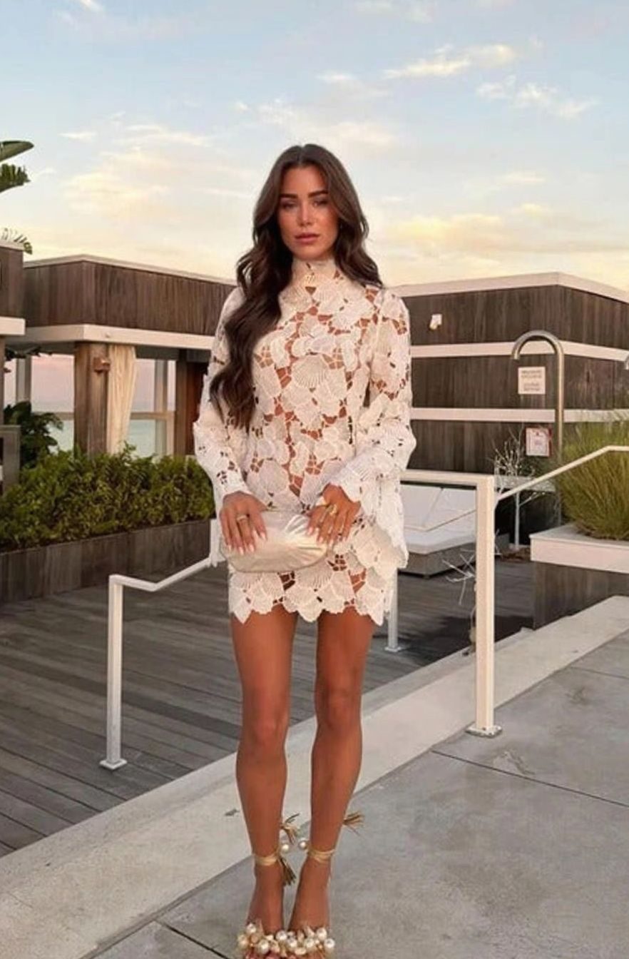 Charlotte | Women's Floral Lace High-Neck Long Sleeve Mini Cocktail Dress