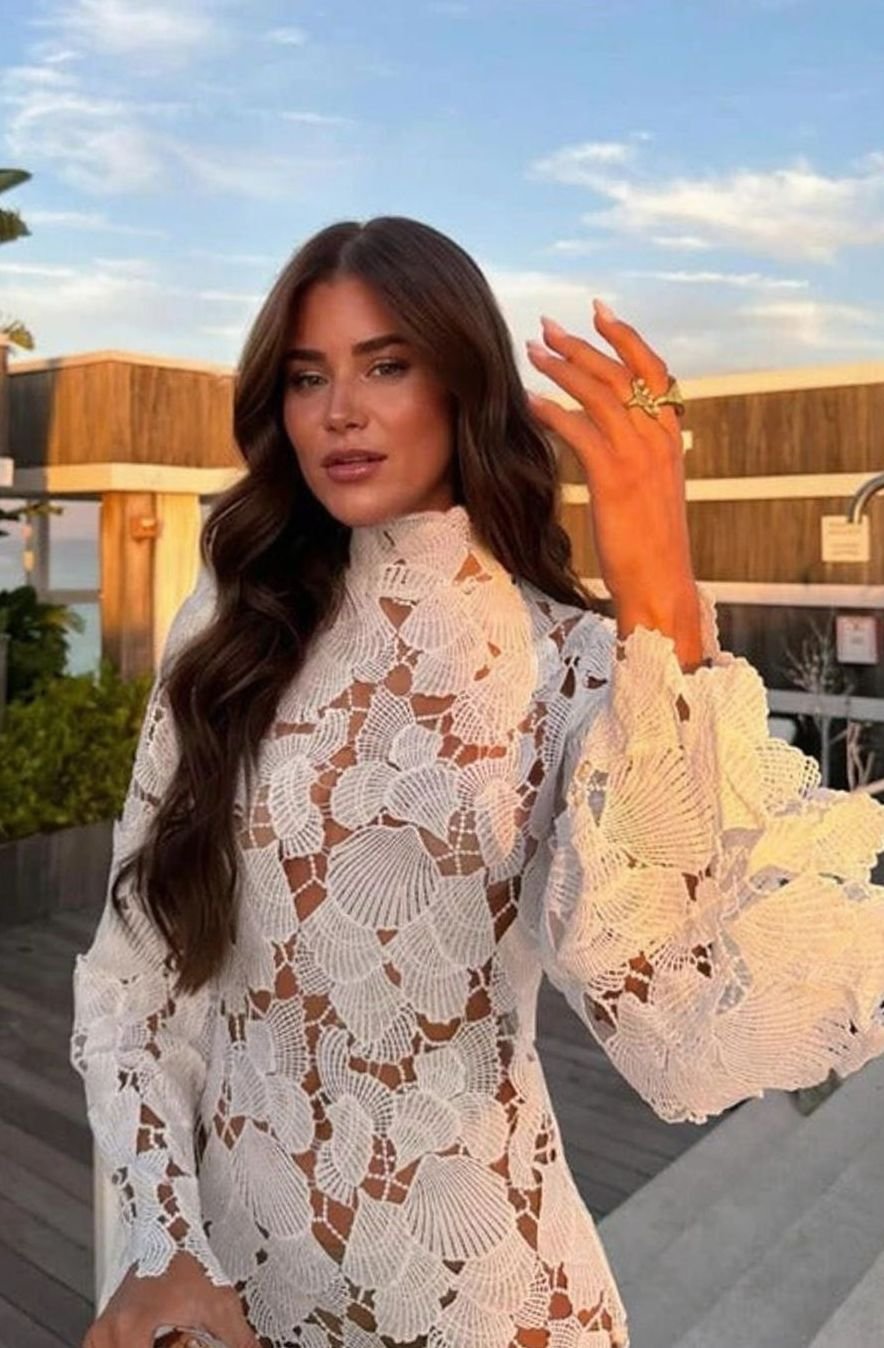 Charlotte | Women's Floral Lace High-Neck Long Sleeve Mini Cocktail Dress