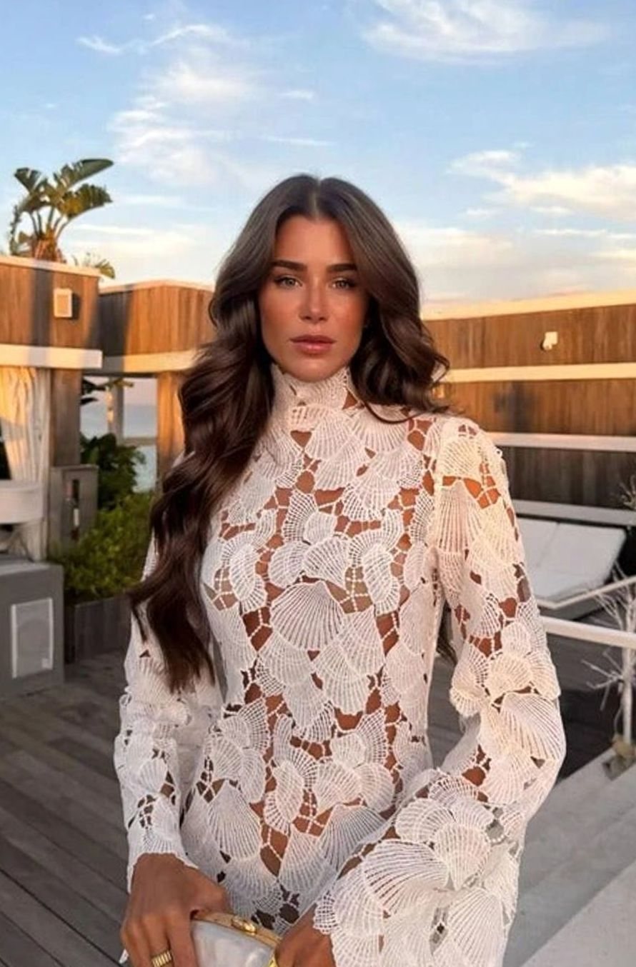 Charlotte | Women's Floral Lace High-Neck Long Sleeve Mini Cocktail Dress