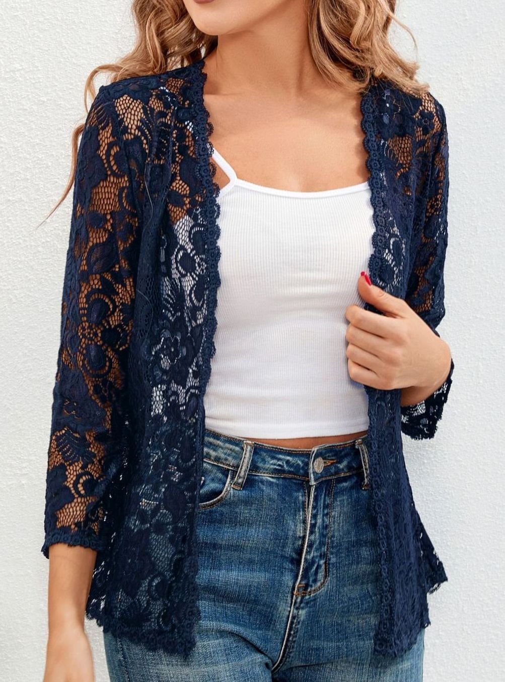 Eleanor | Women's Floral Lace Open-Front 3/4 Sleeve Cardigan